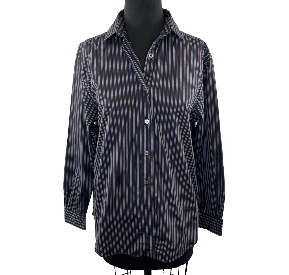 LORENZINI Navy Blue Burgundy Stripe Mens Button Down Dress Shirt 0 ITALY